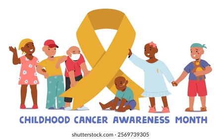 Childhood cancer awareness month supporting initiatives and health campaigns to research drugs for treatment cartoon poster with sick unhealthy little children and yellow ribbon on white background