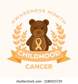 Childhood cancer awareness month with teddy bears, yellow ribbon, and plants