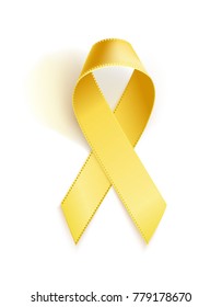 Childhood Cancer Awareness Ribbon. Realistic yellow ribbon, childhood cancer awareness symbol, isolated on white. Vector illustration