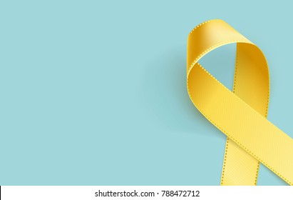 Childhood Cancer Awareness Ribbon. Realistic yellow ribbon, childhood cancer awareness symbol, isolated on blue. Vector illustration