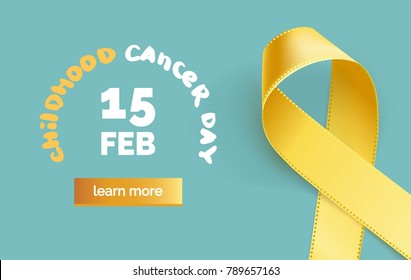 Childhood Cancer Awareness Ribbon. Realistic yellow ribbon, childhood cancer awareness symbol, isolated on blue. Vector illustration