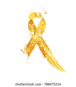 Childhood Cancer Awareness Ribbon. Watercolor yellow ribbon, childhood cancer awareness symbol, isolated on white. Vector illustration