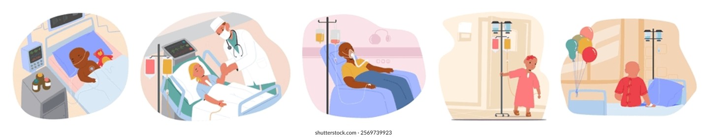 Childhood cancer cartoon scene with sick children characters receiving medical help and emergency support at hospital vector illustration. Little boy and girl patients suffering from harmful disease