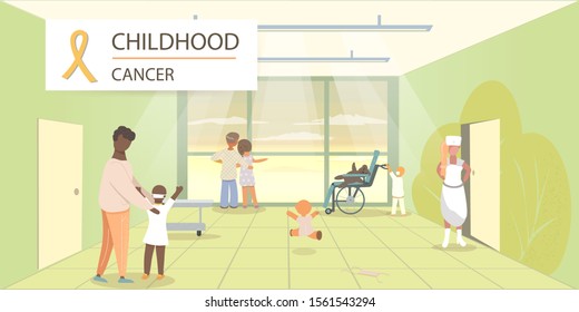 Childhood Cancer. Children are running and playing in hospital. Parents are visiting their children in hospital. Cartoon characters. Vector illustration.