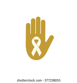 Childhood cancer day. Abstract ribbon sign. Medical symbol rare childhood illness. Isolated logo. Stop hand symbol.