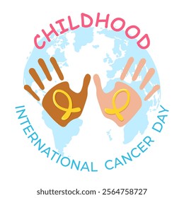 In‌ternational childhood cancer day banner with black and white childish hands holding yellow cancer ribbon. Support, togetherness concept. Vector card, background.