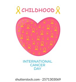 Childhood cancer day card, banner, background with big heart and many small gold rinbbons inside it. Awareness, support, solidarity concept. Vector illustration. Social media post.