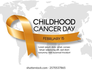 Childhood Cancer Day in February. Horizontal banner with golden ribbon, text and world map. Vector flat illustration.