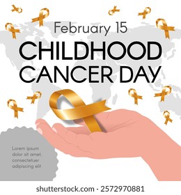 Childhood Cancer Day in February. Square banner with golden ribbon, child hand, text, and world map. Vector flat illustration.