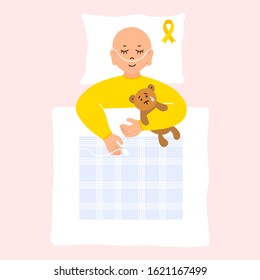 Childhood Cancer Day. A little boy with cancer is sleeping in an embrace with a bear. Flyer for raising funds, promoting the prevention and diagnosis of childhood cancer. Colorful vector illustration.