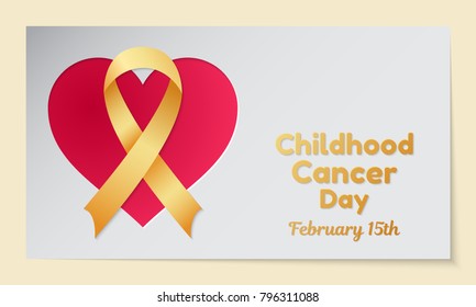 Childhood Cancer Day theme. Postcard or banner with a heart cut out in paper, a gold ribbon and reminding an inscription. Vector illustration.