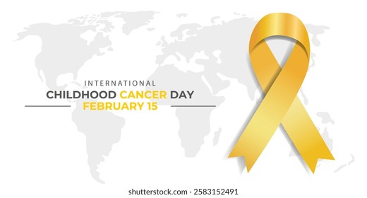 Childhood Cancer Day Vector Illustration. Banner with Yellow 3D Ribbon and World Map for International Childhood Cancer Day, Celebrated on February 15. Poster with Golden Bow and Modern Trendy Text.
