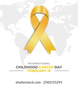 Childhood Cancer Day Vector Illustration. Poster with Yellow 3D Ribbon and World Map for International Childhood Cancer Day, Celebrated on February 15th. Poster with Golden Bow and Modern Trendy Text.
