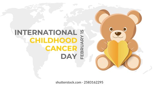 Childhood Cancer Day Vector Illustration. Banner with Teddy Bear, 3D Heart and World Map for International Childhood Cancer Day, Celebrated on February 15. Poster with Golden Bow and Modern Trendy Tex