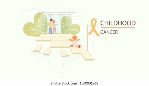 Childhood Cancer Day. Yellow Ribbon. Parents Are Waiting For Their Child At Window. Child Is Running To Meet His Parents. Family At Hospital. Vector Illustration. Cartoon Characters. 