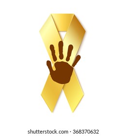 Childhood cancer golden ribbon with child's hand print on top isolated on white background. Vector illustration.