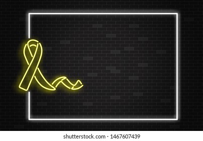 Childhood cancer horizontal banner with disease awareness symbol - yellow glowing neon ribbon on dark night brick wall background with frame and copy space in realistic vector illustration.