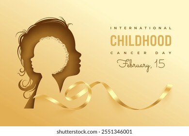 Childhood cancer international day February 15. Paper cut silhouettes of side view of head of teenage girl and black child. Vector horizontal poster with golden ribbon