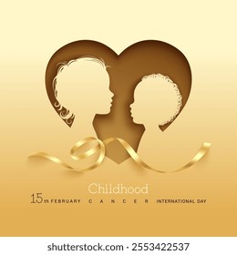 Childhood cancer international day February 15. Paper cut silhouettes of side view of head of teenage girl and black child. Vector poster with golden ribbon