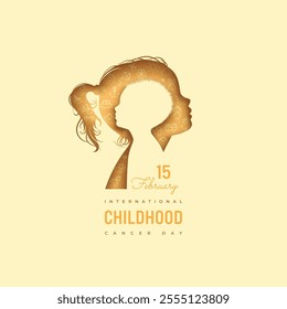 Childhood cancer international day February 15. Paper cut silhouettes of side view of head of girl and boy on a yellow background with toys. Vector horizontal poster