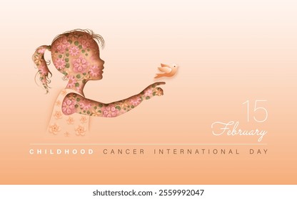 Childhood cancer international day February 15 horizontal poster. Paper cut silhouettes of side view of girl with bird on a orange background with flowers