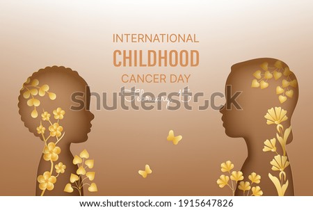 Childhood Cancer International day February 15. Child silhouettes in paper cut style with shadow. Front view kids, flowers, branches, butterflies. Vector illustration.