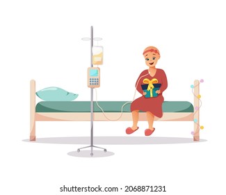 Childhood Cancer In A Little Girl. Treatment And Recovery. Christmas And New Year's Gift For The Child In The Hospital. Cartoon Illustration Isolated On White Background