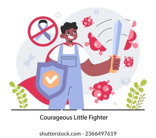 Childhood cancer. Oncology diagnostic and treatment. Chemotherapy and radiation therapy. Caurageous little fighter with sward shield, kid wearing head scarf support. Flat vector illustration