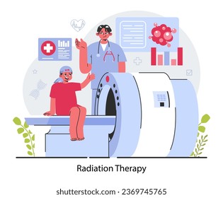 Childhood cancer. Oncology diagnostic and treatment. Chemotherapy and radiation therapy. Courageous little fighter, kid wearing head scarf sitting on mri machine. Flat vector illustration