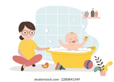 Niñez, madre caucásica ayuda a bañarse al bebé en un baño de bebés. Un bebé gracioso se baña con espuma y juguetes. Higiene, rutina diaria de limpieza y salud. El interior del cuarto de baño. Ilustración vectorial plana