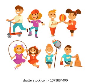 Childhood children outdoor activity boy and girl isolated characters vector kick scooter and rollers brother and sister throwing ball jumping rope and butterfly net building sandcastle playing outside