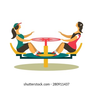 childhood children play on the playground. spinning on the carousel round emblem
