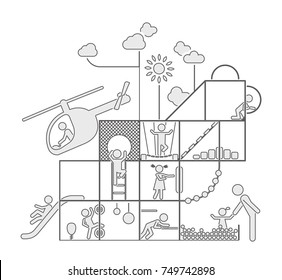 Childhood. Children play on playground. Pictogram icon set. 