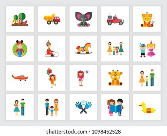 Childhood concept. Flat icon set. Preschooler, parenthood, kindergarten. Can be used for topics like family, education, childcare