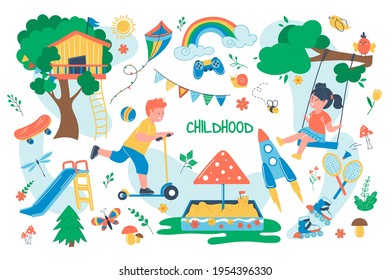 Childhood concept isolated elements set. Bundle of children play in playground, girl on swing, boy rides scooter, sandbox, tree house, outdoor activities. Vector illustration in flat cartoon design