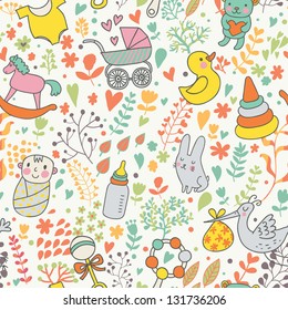 Childhood concept seamless pattern. Toys, animals, childish elements in vector. Cartoon background. Can be used for wallpaper, pattern fills, web page background,surface textures.
