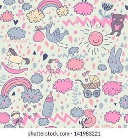 Childhood concept seamless pattern. Toys, animals, childish elements in vector. Cartoon background. Can be used for wallpaper, pattern fills, web page background,surface textures.