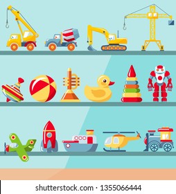 Childhood concept. Shop shelves with children toys set. Cabinet with different kids playthings. Vector illustration.