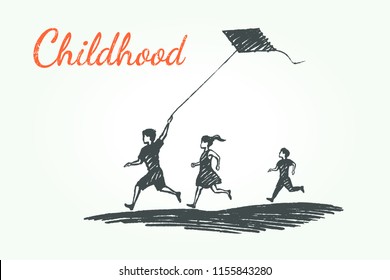 Childhood concept sketch. Boys and a girl are playing with a kite. Vector hand drawn illustration.