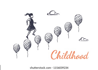 Childhood concept sketch. A little girl runs down the stairs of balloons. Vector hand drawn illustration.