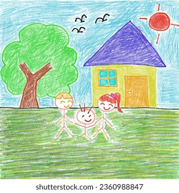 Childhood crayon drawing. My family, my father my mother and me at our home in the garden.