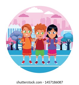 childhood cute school students happy friends wearing backpack cartoon in the city park, nature and urban scenery ,vector illustration graphic design.