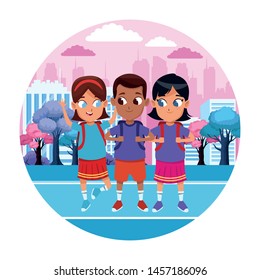 childhood cute school students happy friends wearing backpack cartoon in the city park, nature and urban scenery ,vector illustration graphic design.