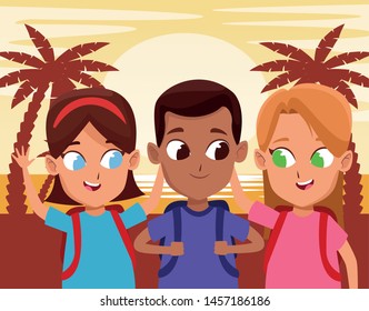 childhood cute school students happy friends wearing backpack cartoon in the beach at sunset day vector illustration graphic design.