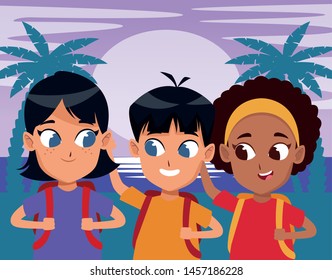 childhood cute school students happy friends wearing backpack cartoon in the beach at sunset day vector illustration graphic design.