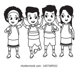 childhood cute school students happy friends wearing backpack cartoon vector illustration graphic design