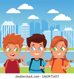 childhood cute school students happy friends wearing backpack cartoon in the city urban scenery background vector illustration graphic design.