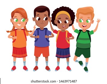 childhood cute school students happy friends wearing backpack cartoon vector illustration graphic design