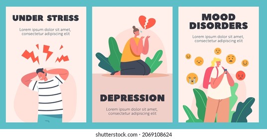 Childhood Depression Cartoon Posters. Depressed Anxious Kids Character with Headache Feeling Frustrated Crying with Broken Heart, Feel Pain due to Cyberbullying and Life Problem. Vector Illustration