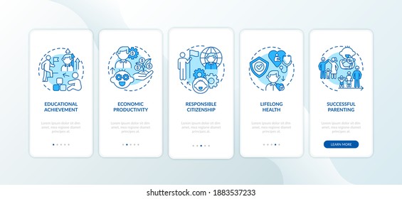 Childhood development blue onboarding mobile app page screen with concepts. Personal responsibility growing up walkthrough 5 steps graphic instructions. UI vector template with RGB color illustrations